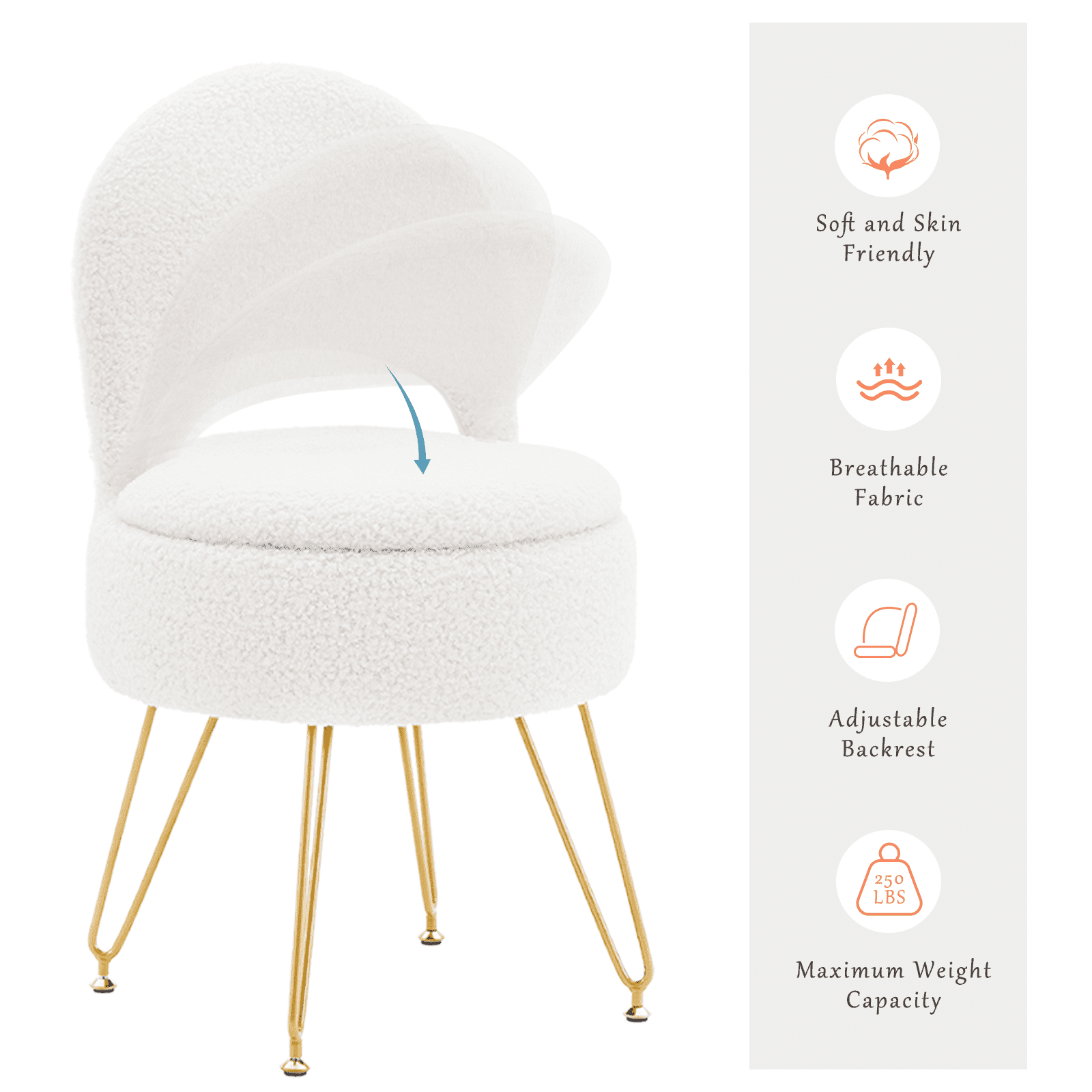 Casa Pura Furniture Modern Teddy Velvet Storage Ottoman with Folding Back, Round, White