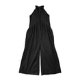 thumbnail image 7 of Women's Cotton Halter Deep V‑Neck Wide‑Leg Jumpsuit Sleeveless Loose‑Fit Casual One‑Piece Pants with Side Pockets Black L(L), 7 of 7
