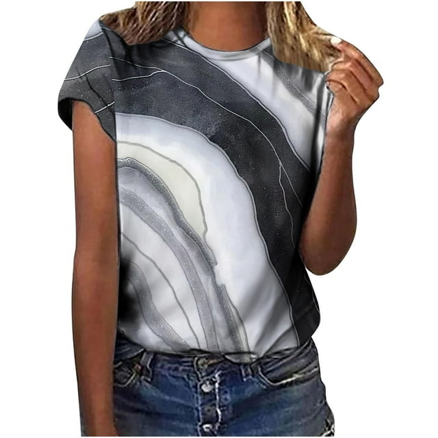 CEHVOM Hauts pour Femmes Mode Décontractée Blouse Ample Impression Dégradé de Pierre Col Rond T-Shirt Chemises Blouse Imprimé Tee