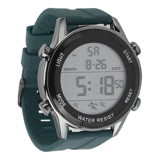 reloj deportivo electrónico resistente al agua con luz nocturna reloj de pantalla grande para hombres banda de reloj de silicona para actividades al aire libre anggrek otros Reloj deportivo digital centrado con correa de silicona verde oscuro y caja de plástico ABS; bisel negro con texto "WATER RESIST", cuatro botones metálicos (LIGHT, START, MODE, RESET) y pantalla LCD grande que muestra hora, día y fecha; adecuado para uso al aire libre y funciones como luz nocturna, alarma y cronómetro.