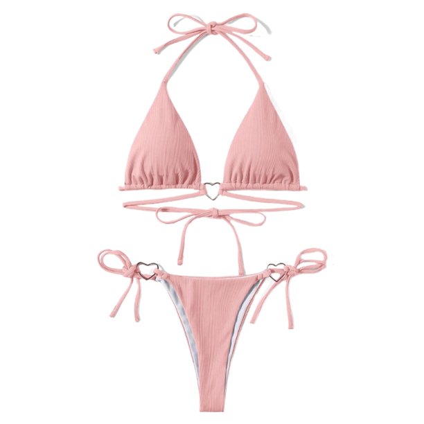 Traje baño playa 2 piezas con sujetador con cuello halter y tanga con lazo lateral para mujer
