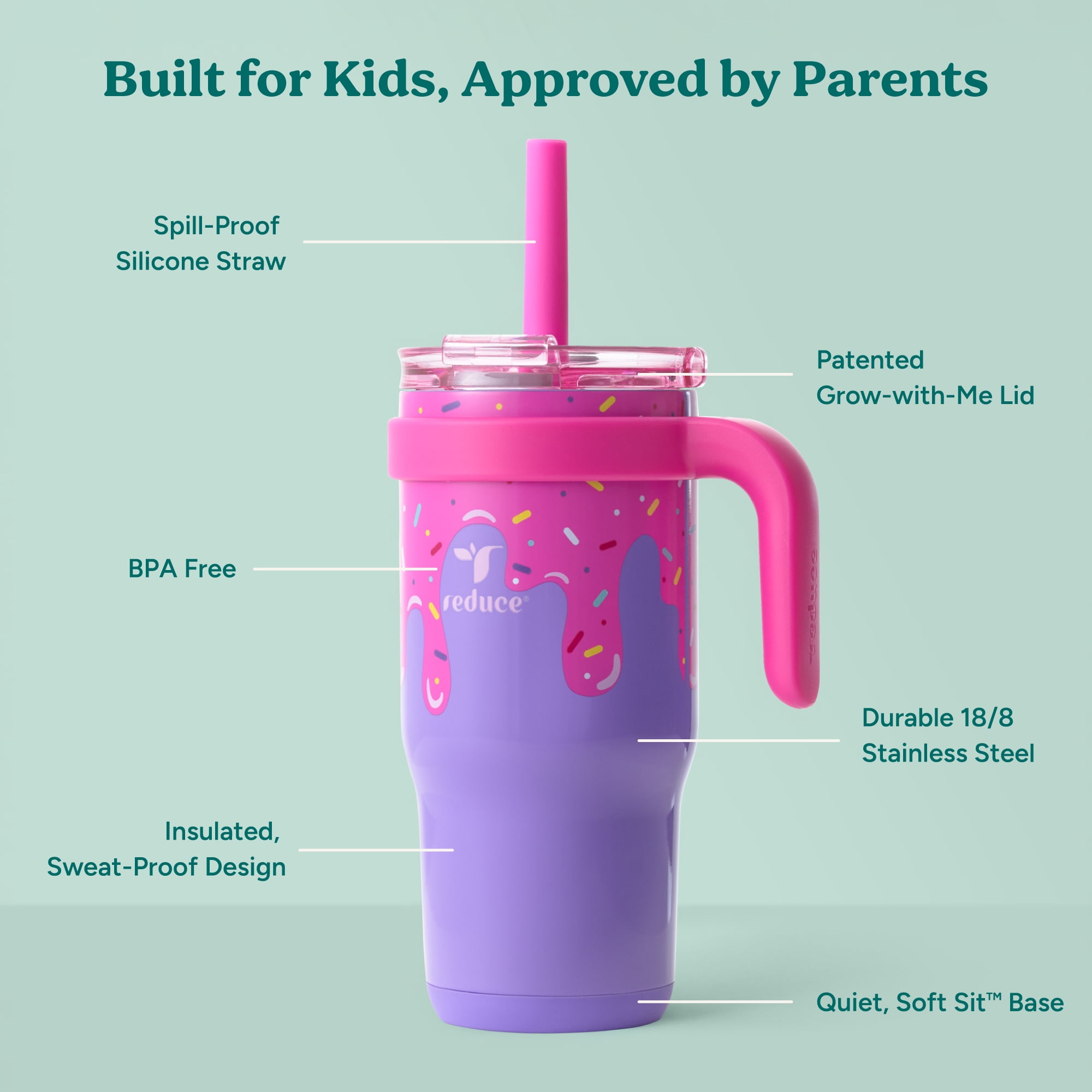 (3 pack) Reduce Coldee Kids Insulated Tumbler with Straw, 18oz Stainless Steel Spill-Proof Cup with Handle, Ice Cream