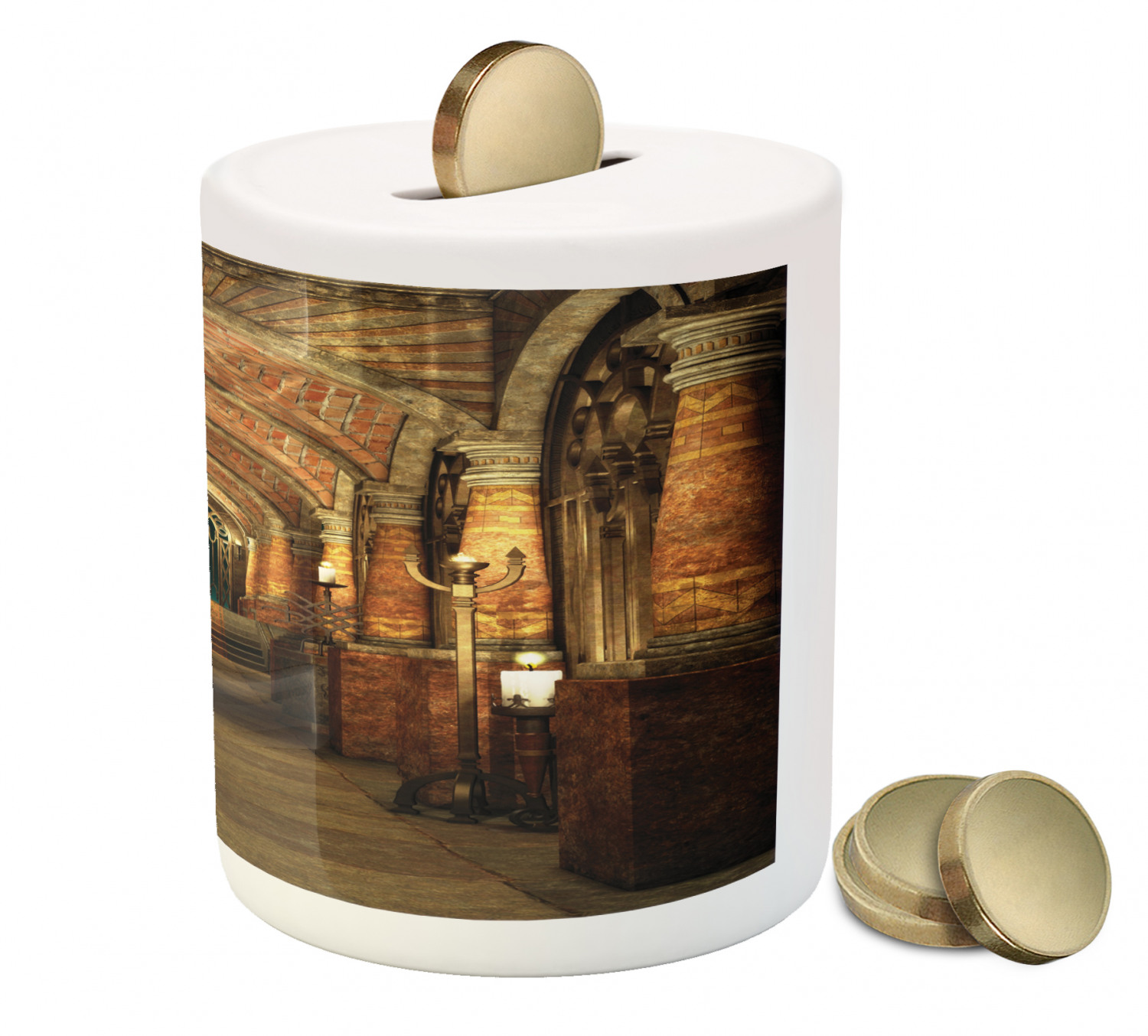 Gothic Piggy Bank, Passage Stairways Secret Gateway Pillars Medieval Building Theme, Ceramic Coin Bank Money Box for Cash Saving, 3.6" X 3.2", Brown and Red, by Ambesonne - image 3 of 4