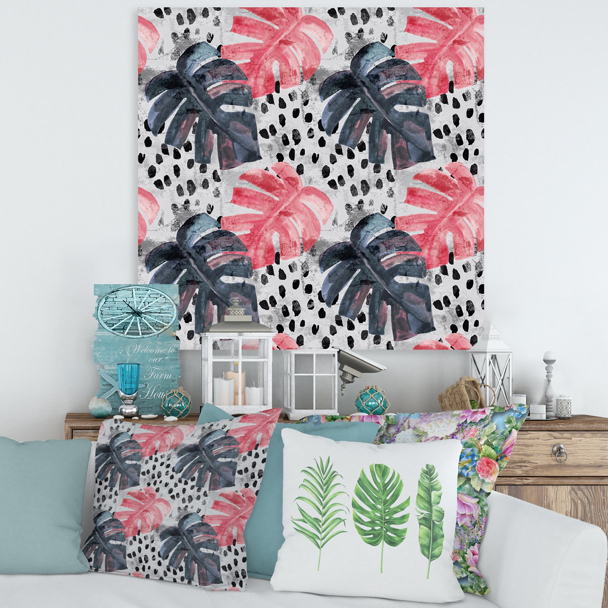 Designart ' Black and Red Monstera On Rough Brush Strokes I ' Tropical Canvas Wall Art Print
