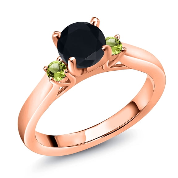 Gem Stone King 18K Rose Gold Plated Silver Black Onyx and Green Peridot 3-Stone Engagement Ring for Women (0.94 Cttw, Round 6MM, Gemstone December Birthstone, Size 5)