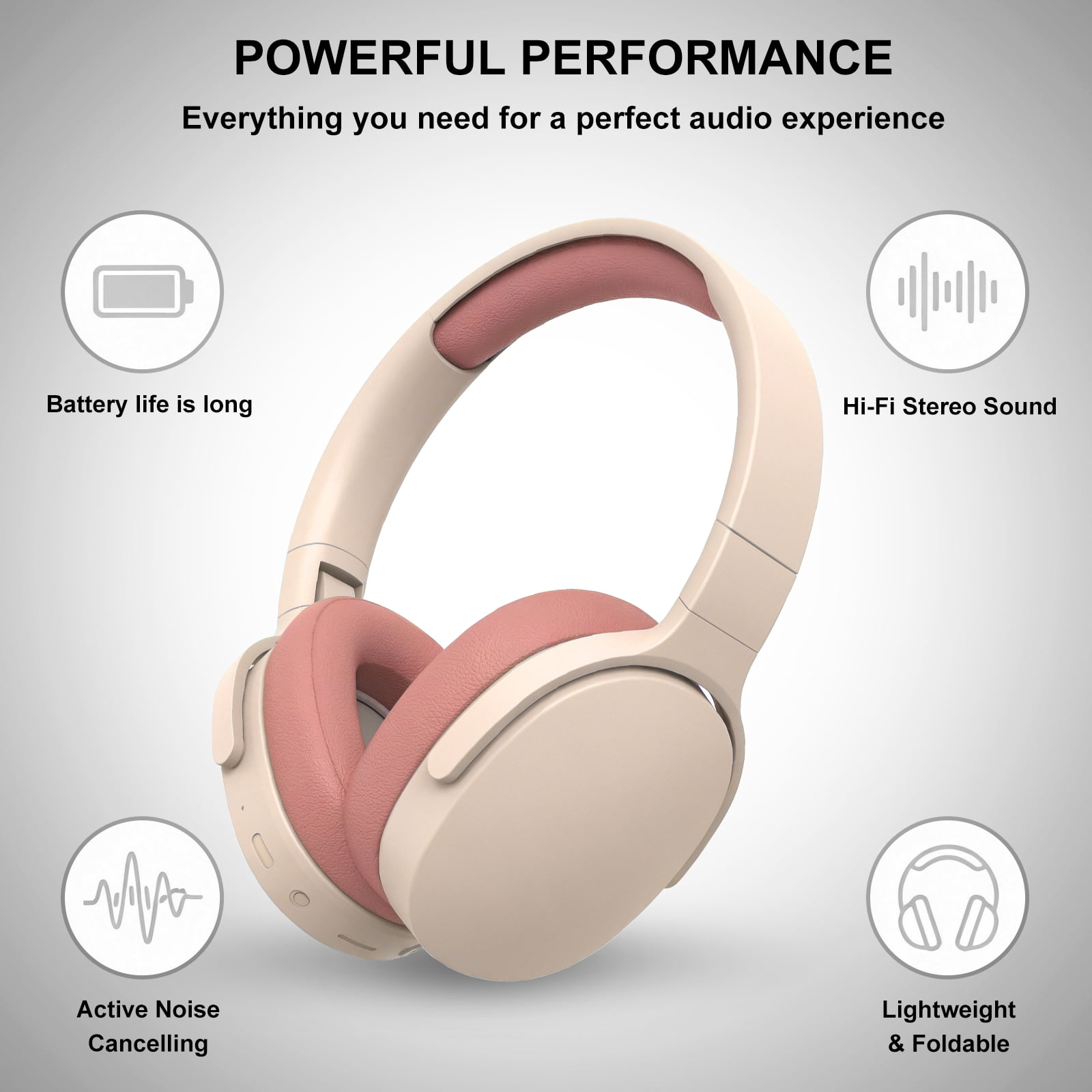 Rirool Bluetooth Over-Ear Headphones, Wireless Foldable Headset with HiFi Stereo Deep Bass, 12H Playtime, Built-in Mic, Soft Protein Earpads for Travel, Home, Office & Cellphone, Cream Pink thumbnail 6
