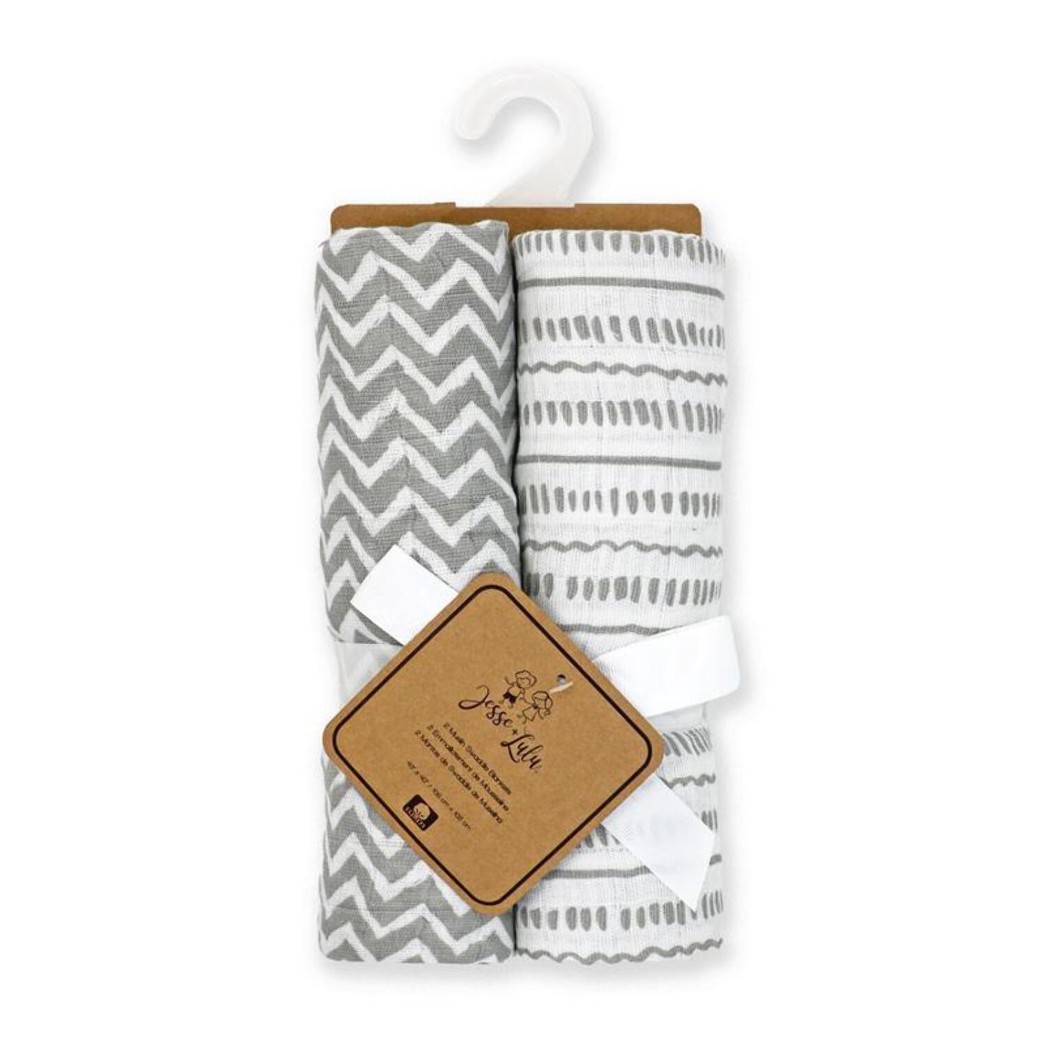 Rose Textiles - 2Pk Grey Doodle Muslin Swaddle Blankets