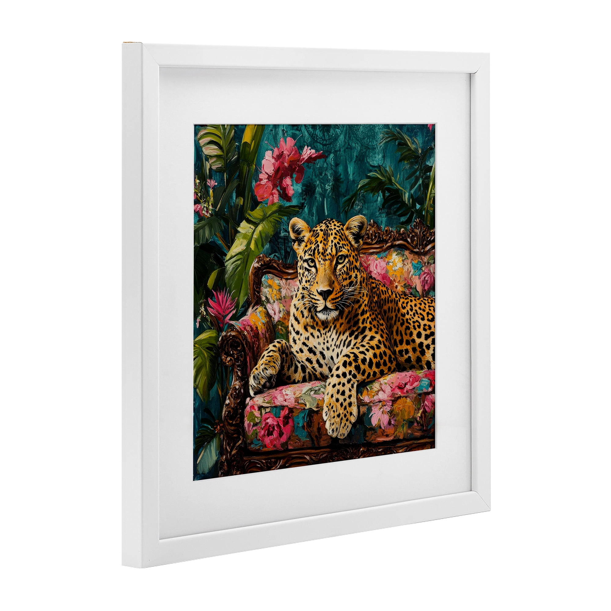 Stupell Industries Fashionable Leopard on Floral Sofa White Framed Print Under Glass, design by Petal Prints Design