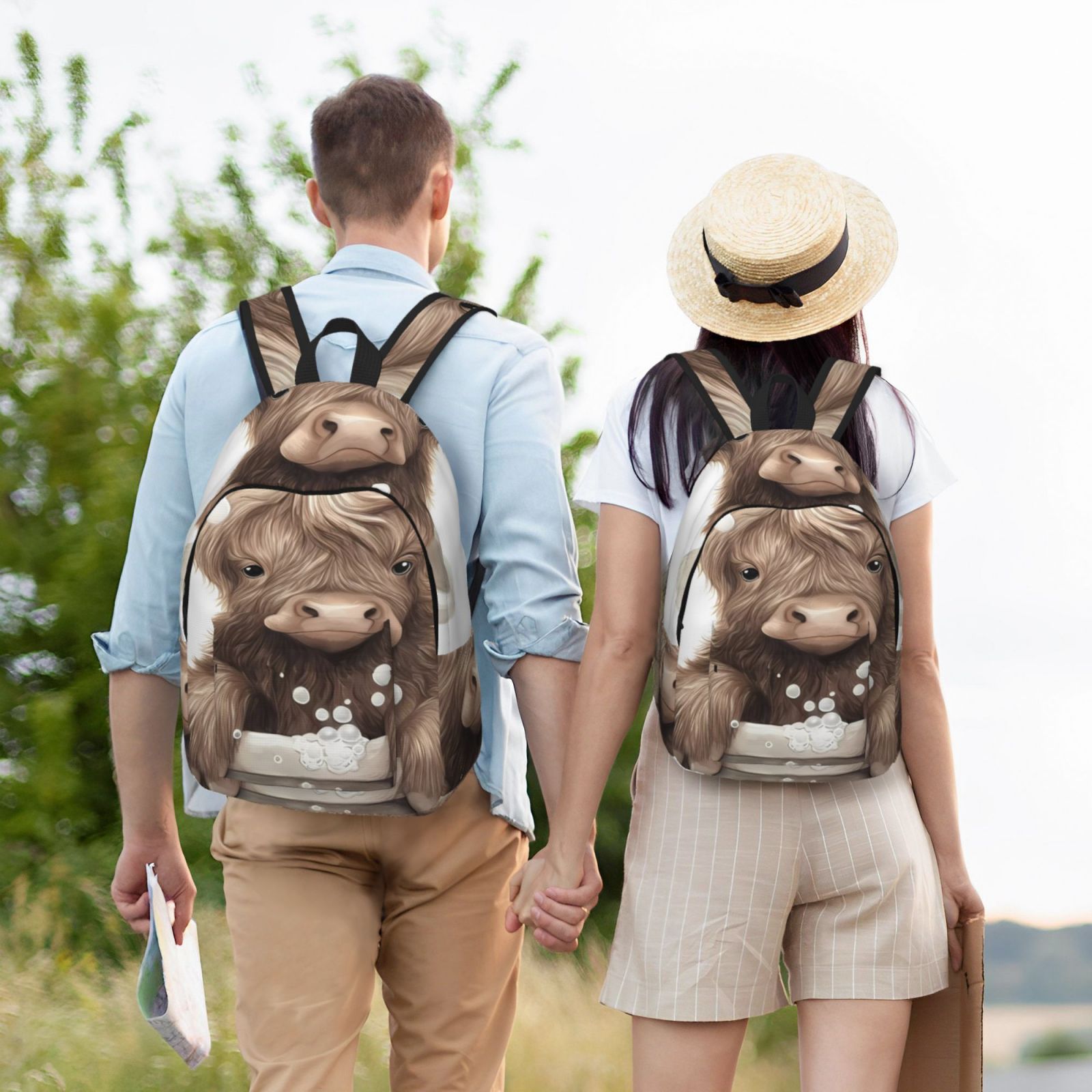 Ratiio Cute Cow Bath Print Canvas Backpack for Women & Men Retro Aesthetic Rucksack Basic Backpack for High School/College Students Travel Laptop Bag