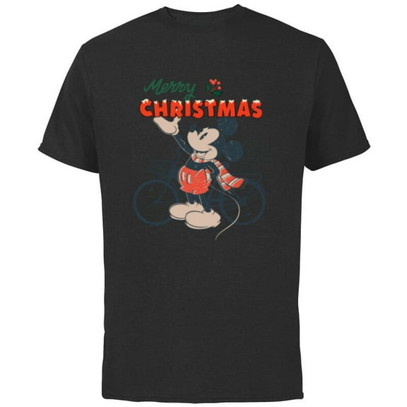 Disney Mickey Mouse Merry Christmas Bicycle Retro Distressed - Short Sleeve Cotton T-Shirt for Adults - Customized-Black
