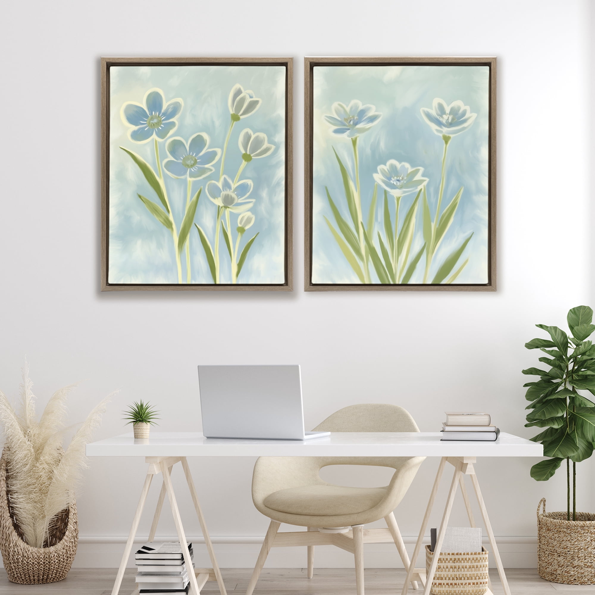 Stupell Industries Contoured Blue Petals 2 Piece Brown Framed Floater Canvas Set, design by Kim Allen