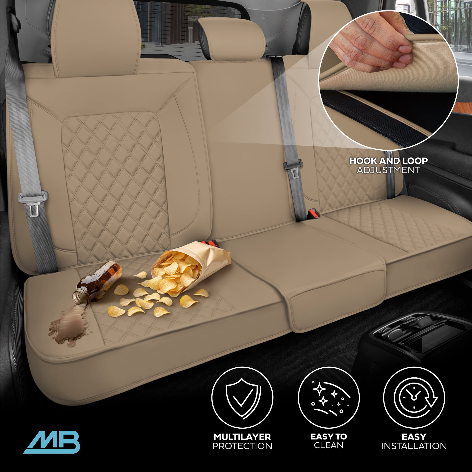 MotorBox Premium Napa Leather Rear Seat Cover – Semi Universal Fit for Most Cars, Truck & SUV – Beige Back Seat Protector – Anti-Slip, Durable Bench Cover – Easy Install, Luxury Car Interior Upgrade