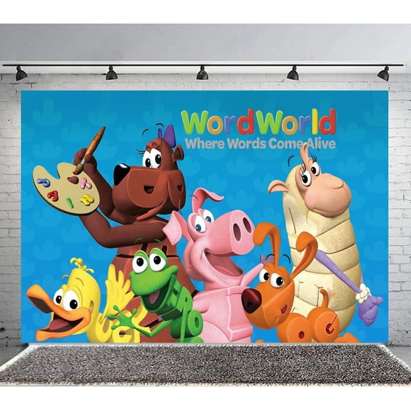 Word World Backdrop Banner Party Supplies Poster Movie Theme Background for Photography Birthday Decorations