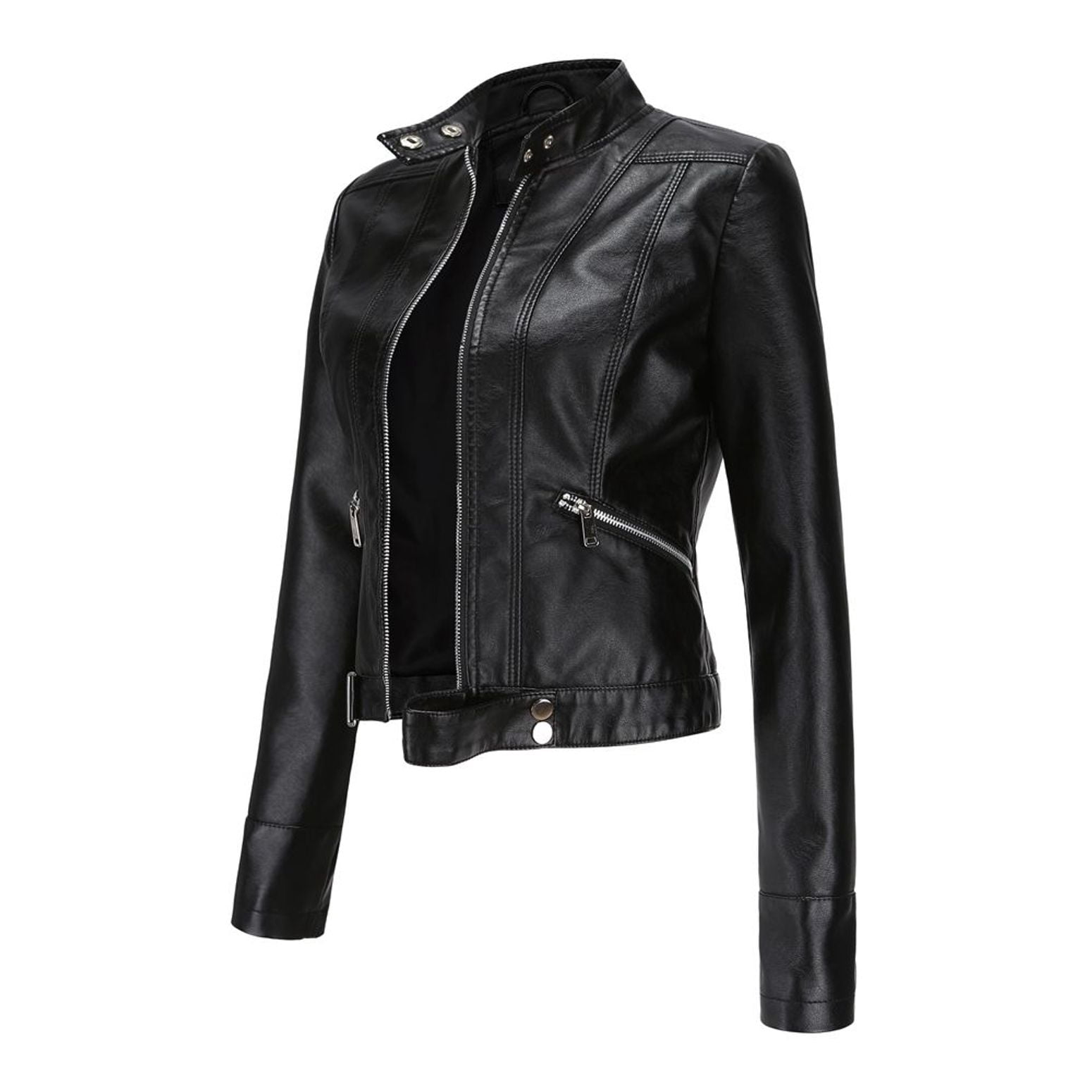 Defitshape Women's Faux Leather Jacket Winter Fashion Crop Moto Jackets & Coats Long Sleeve Fall Top Mock Neck Zipper Pocket Full Zip Short Jacket Black Small
