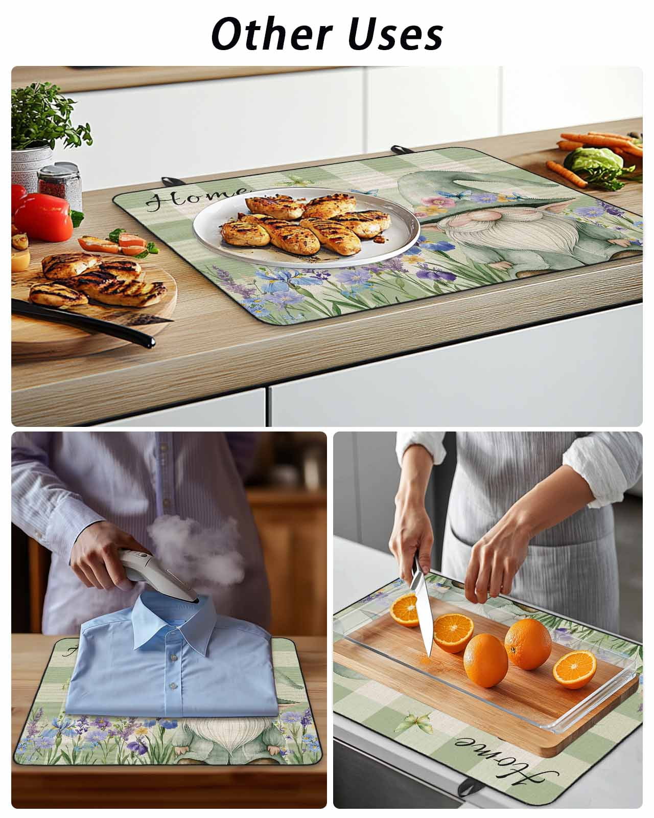 Stove Top Covers for Electric Stove 24x21 Inches, Rustic Gnome Heat Insulation Fireproof Glass Cooktop Protector, Spring Flowers Butterfly Green Check Countertop Stovetop Cover for Kitchen