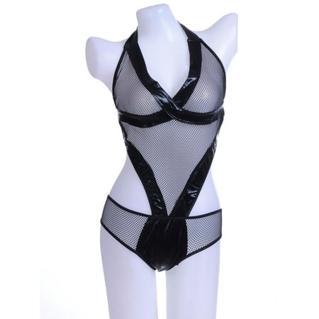 Black Negligee - Anna-Kaci S/M Fit Black Faux Patent Leather Trim Fishnet Detail Cut Out Negligee