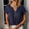thumbnail image 3 of Short Sleeve Blouse Button V Neck Pleated Design Pure Color Casual Women Summer Top for Office Daily Shopping Navy Blue XL, 3 of 6