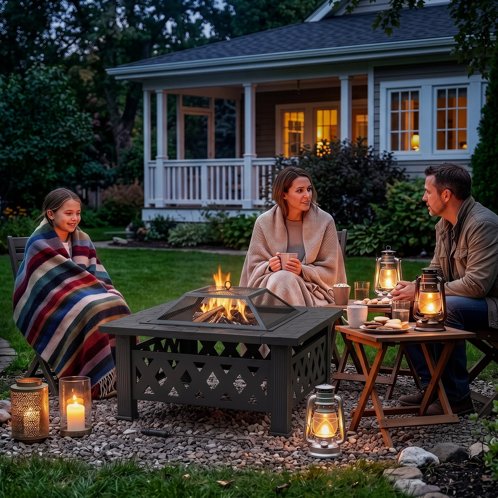 32 Inch Square Outdoor Wood Burning Fire Pit Table, Heavy Duty Wrought Iron Firepit with Pyramid Spark Screen Lid & Fire Poker, Decorative Diamond Cutout Patio Fire Pit for Backyard, Garden, Lawn