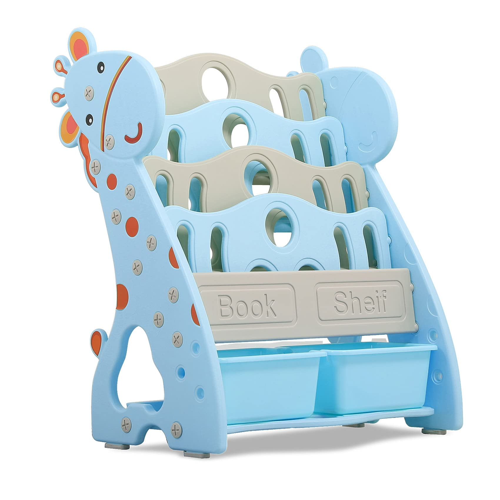 UNICOO® Toddlers Plastic Multi-Layer Bookshelf for Child's Bedroom Playroom, Toy Storage Organizers with 2 Storage Boxes, Children Bookshelf (Light Blue)