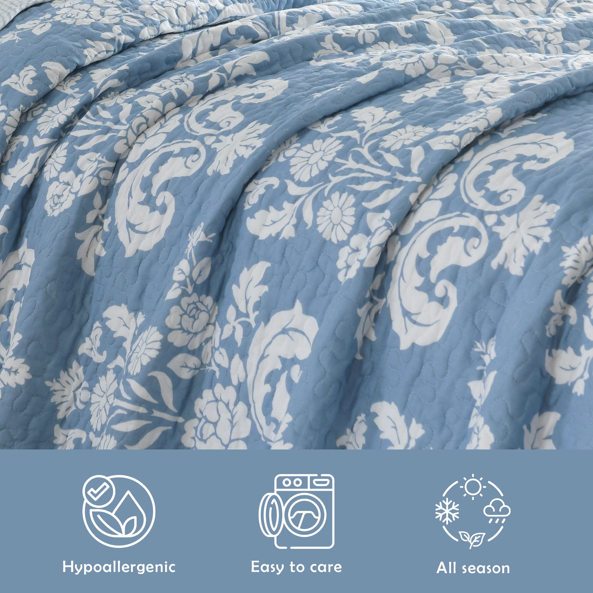Quilt Queen Size - 100% Cotton Reversible Lightweight Bedspread Set, Pre-Washed Farmhouse Bedding with Damask Floral Pattern, All Season 3-Piece Coverlet (Blue and White)