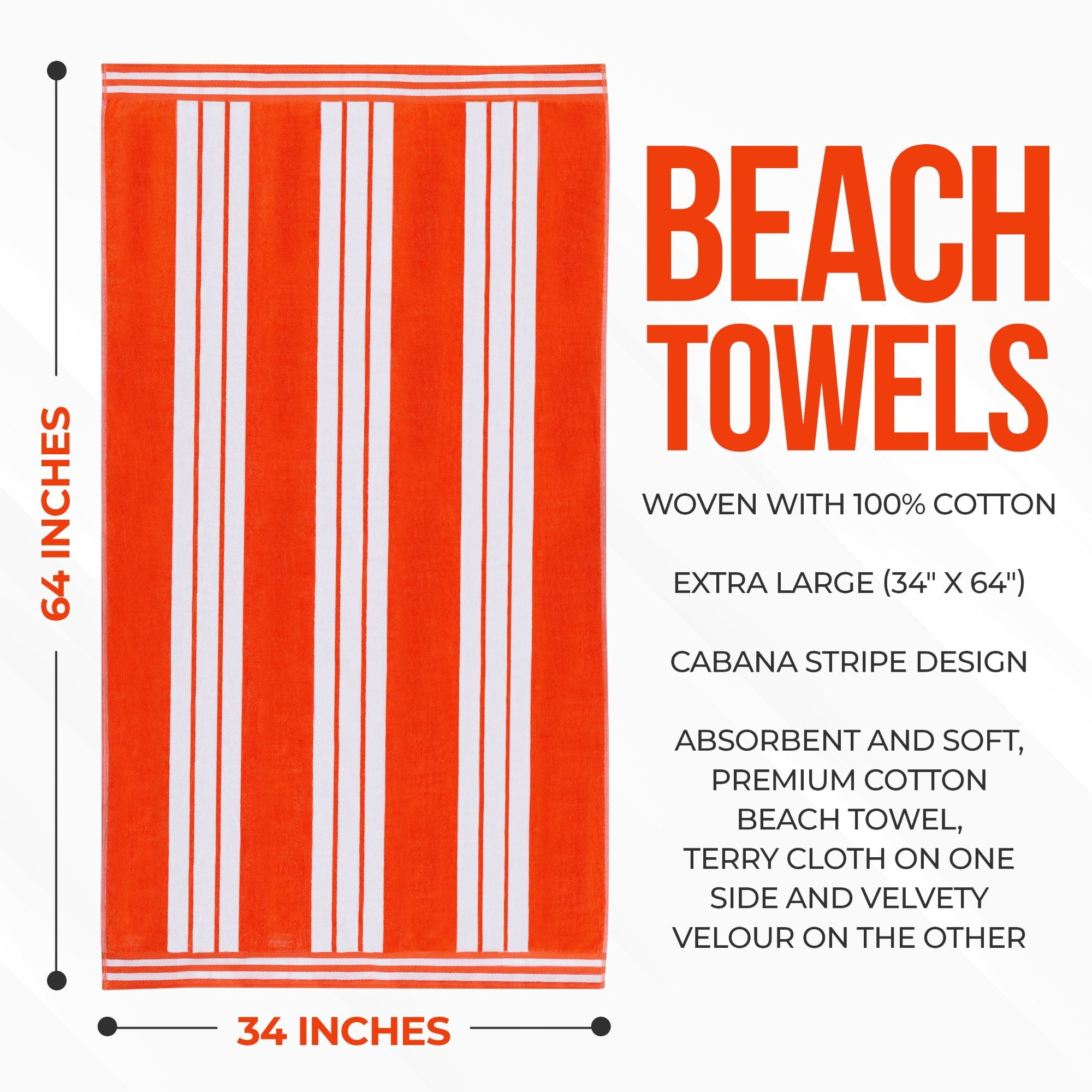 Superior Cotton Striped Oversized Beach Towel Set of 4, 34" x 64", Coral