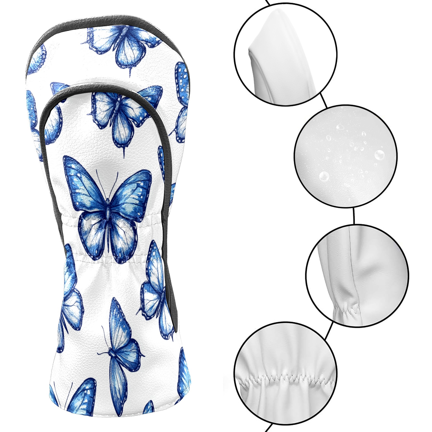 Golf Club Covers PU Leather Waterproof Head Covers for Fairway Woods Hybrids Blue Butterfly