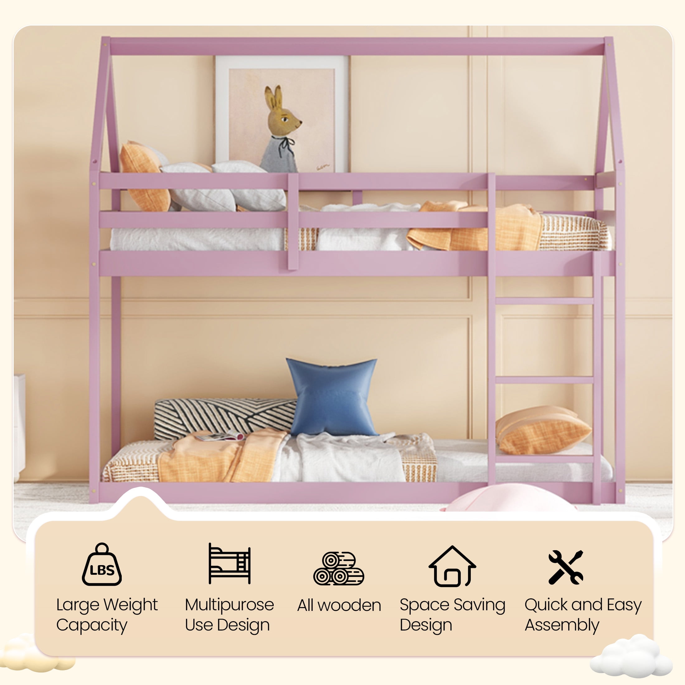 Aukfa Bunk Bed Twin Over Twin, Junior Wooden Floor House Bunk Bed Frame for Kids Boys Girls, Pink
