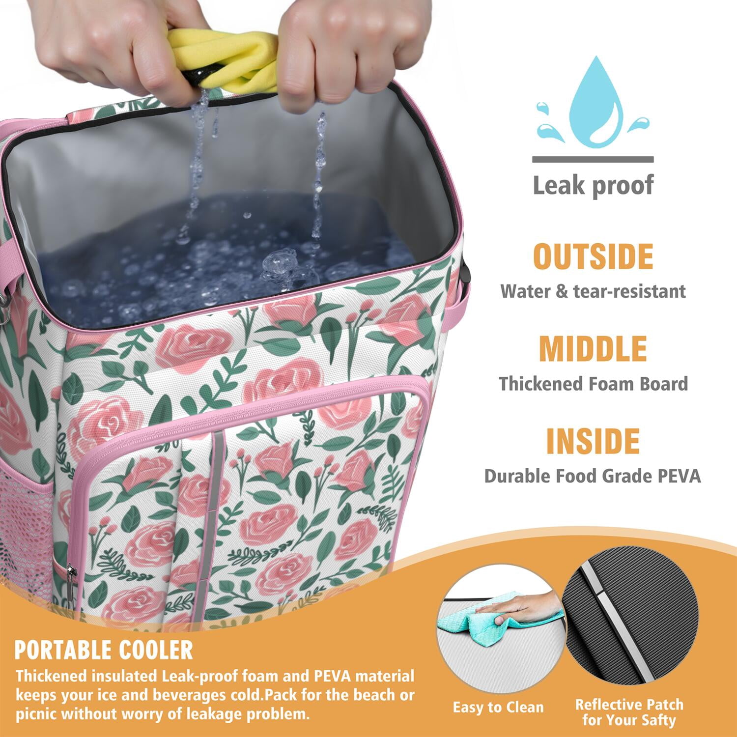 Travel Cooler Bag - Pioneer Flower Floral Print Pattern Camping Beer Cooler Backpack with Bottle Opener- Waterproof Insulated Picnic Backpacks - Cooler Bag for Beach