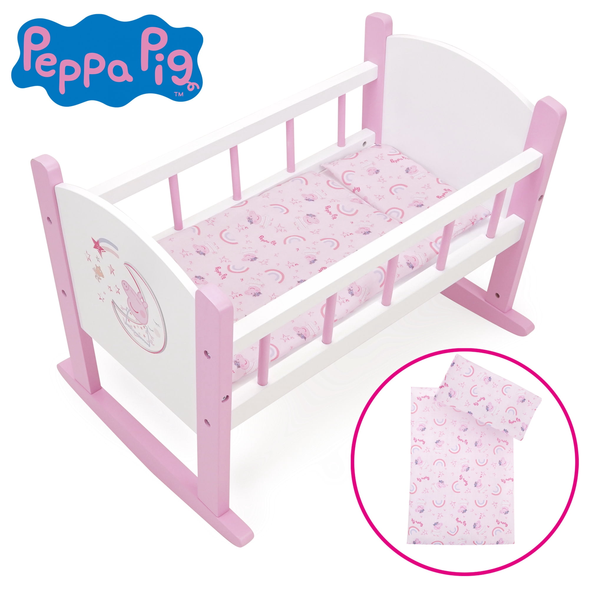 509 Crew: Peppa Pig - Wooden Doll Cradle - Pink-White-Moon, Rocking Bed, Pillow & Blanket, Doll & Plush Sleeping Accessory, Roleplay Toy, Kids 3+