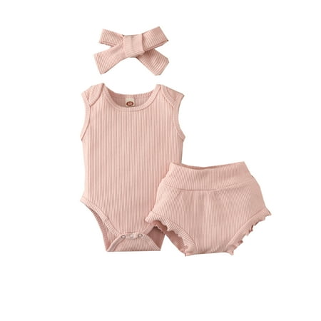 

jaweiw Baby Girls Summer Clothes Set Sleeveless Button Closure Romper Elastic Waist Shorts with Bowknot Hairband