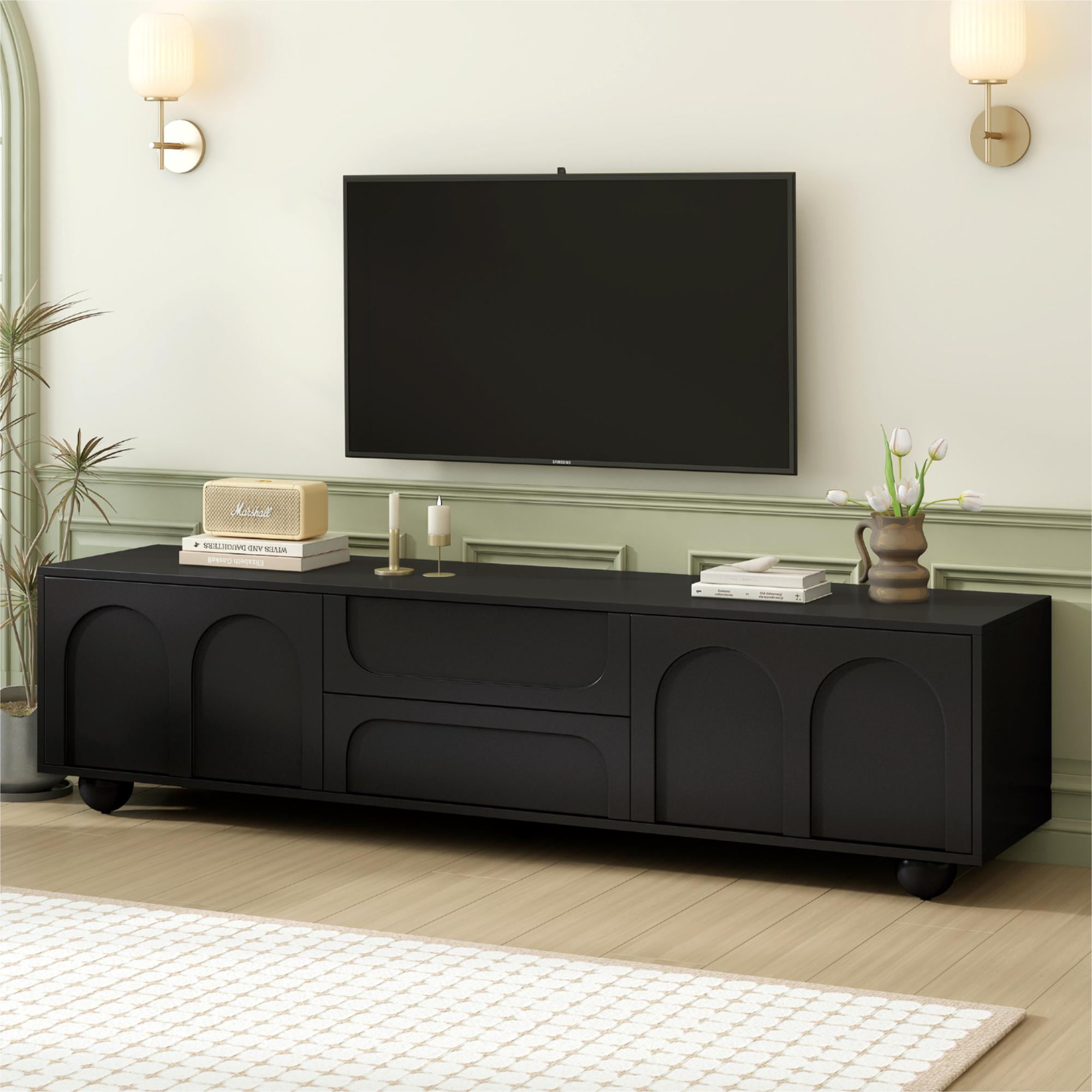 Black TV Stand for TVs up to 75", Modern Media Console with Arched Doors & 2 Drawers, Minimalist Entertainment Center with Press-Open Panels, 5 Round Metal Legs