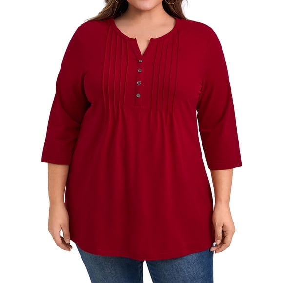GRACE & GRANDEUR Blusas de Talla Grande para Mujeres, Tops de Escuela Universitaria, Cuello en V con Pliegues, Mangas 3/4, Camisas Casual 4X Rojo