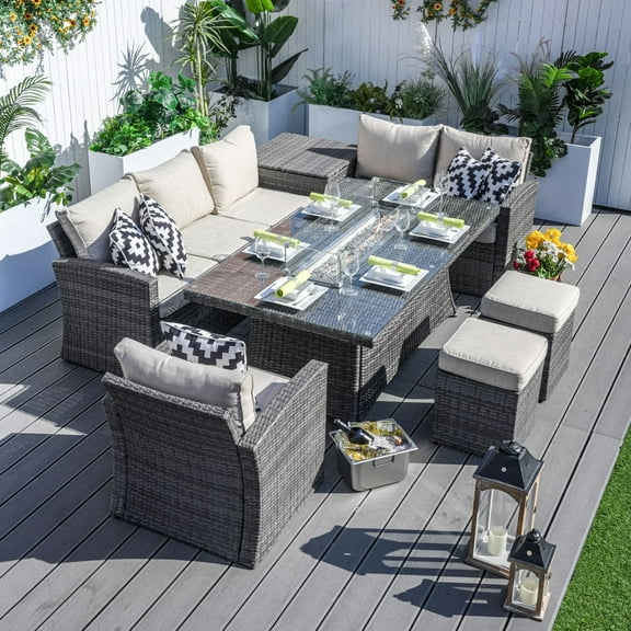 Direct Wicker 7 Pcs Outdoor Patio Furniture Set with Fire Pit Table Patio Conversation Set with Beige Cushions