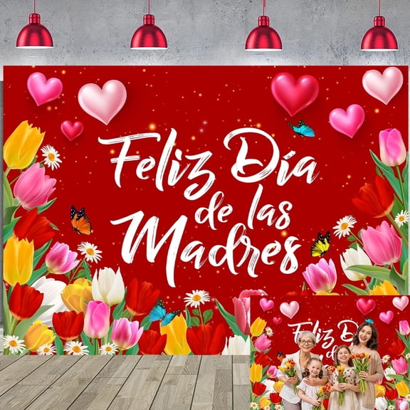 7x5FT Feliz Dia De Las Madres Backdrop Red Flowers Mother's Day Photography Background Mother's Day Birthday Party Decorations Photo Booth Props Vinyl