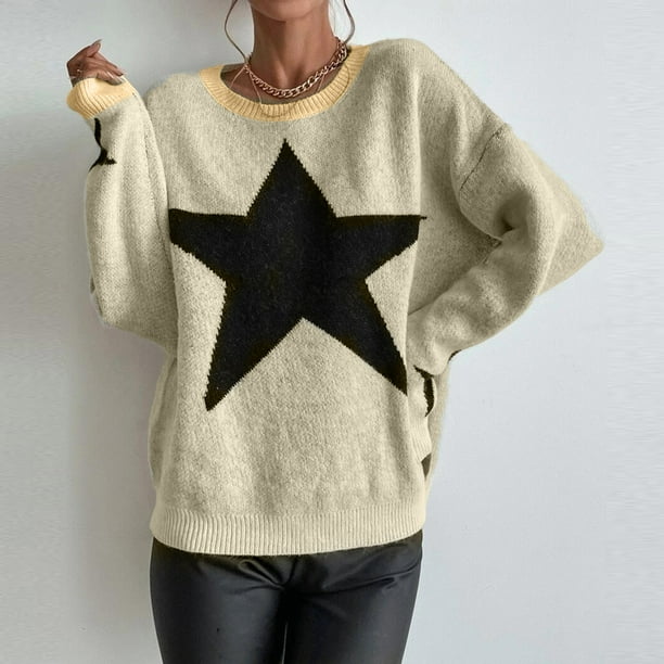 Suéter Suéter básico con estampado de estrellas, suéter informal de gran tamaño para mujer, traje diario holgado Kuymtek Blanco T S para Mujer