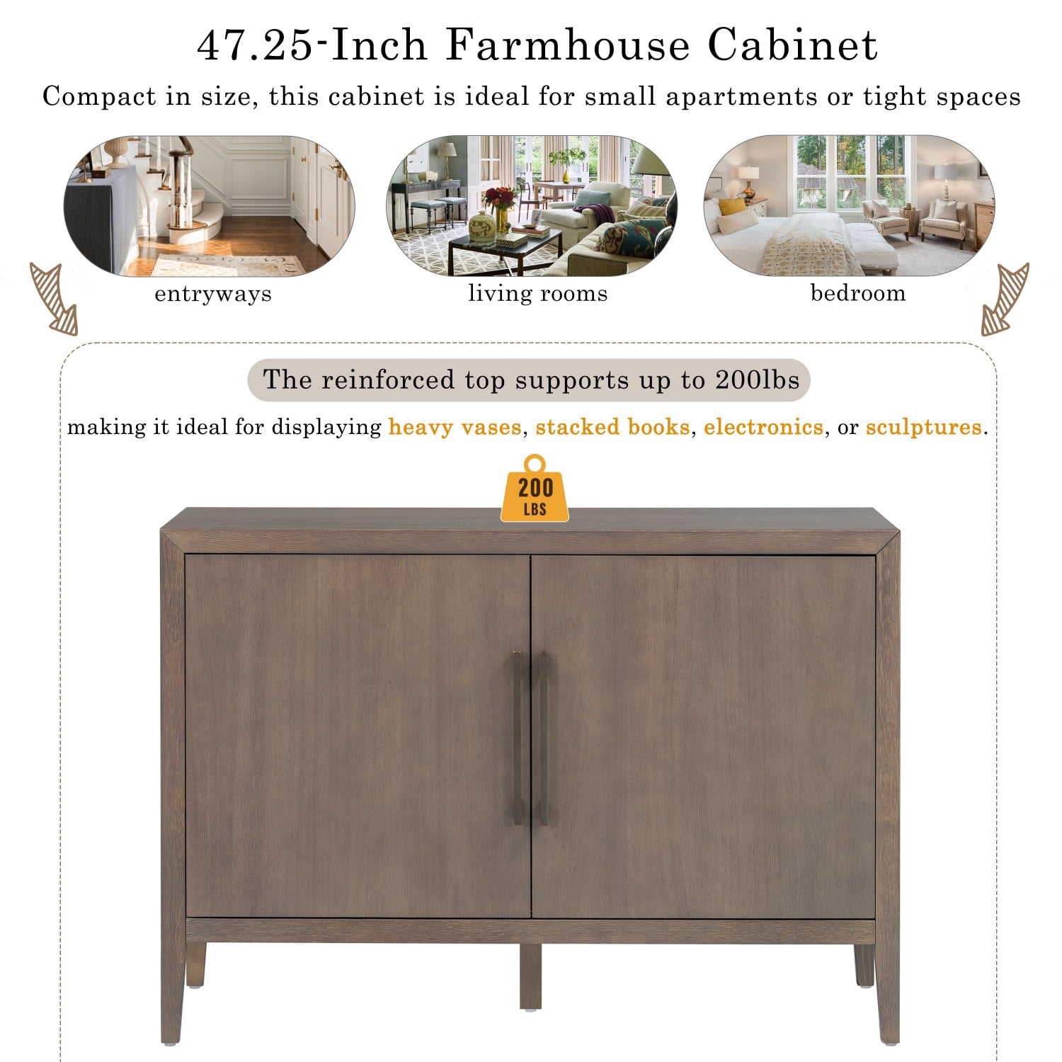 47.25" Farmhouse Sideboard Buffet Cabinet with Storage, 2 Door Wooden Coffee Bar Cabinet with Pine Veneer and Metal Handles for Kitchen, Living Room, Entryway, Brown