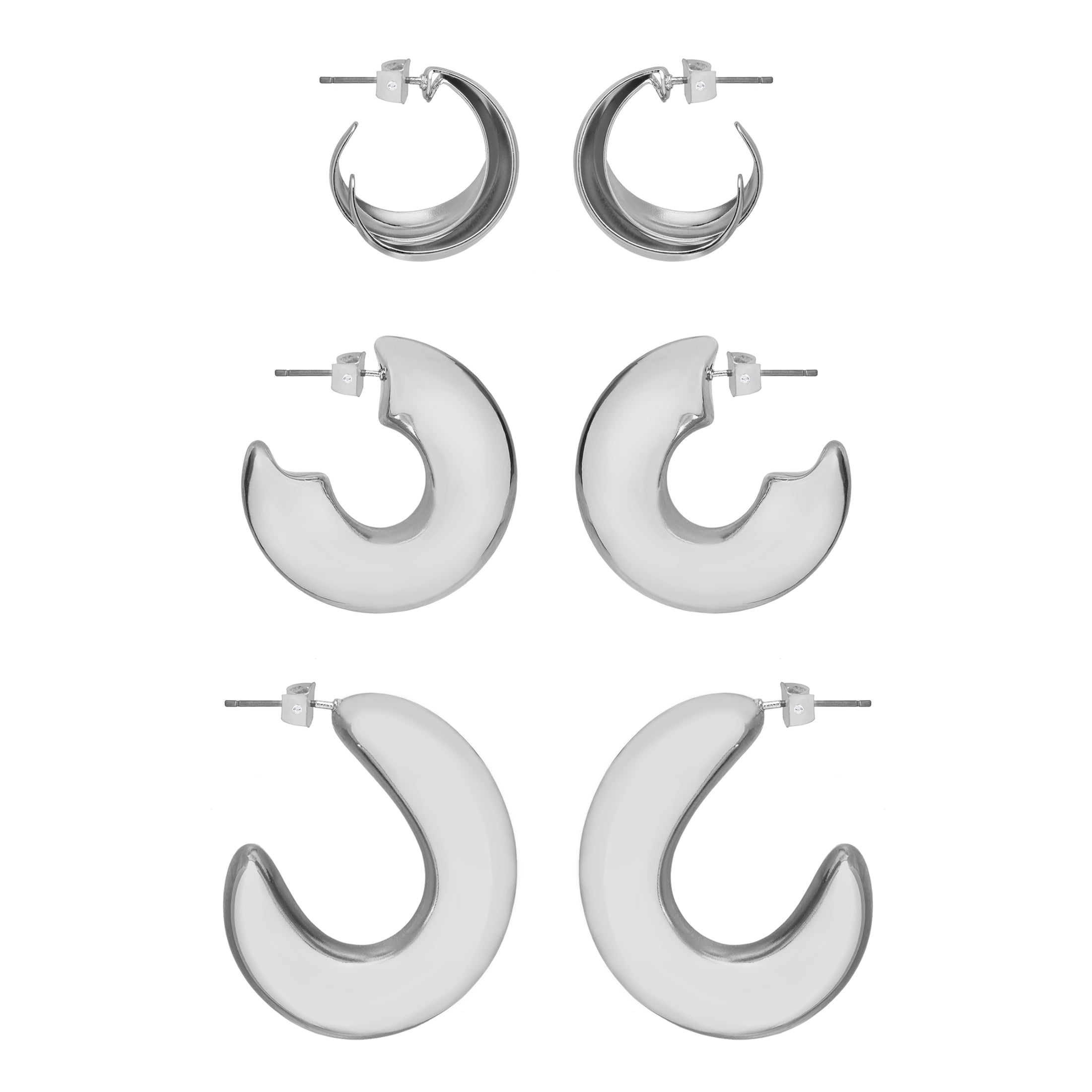 Time and Tru Women's Rhodium Tone Set of 3 Chunky Hoop Earrings
