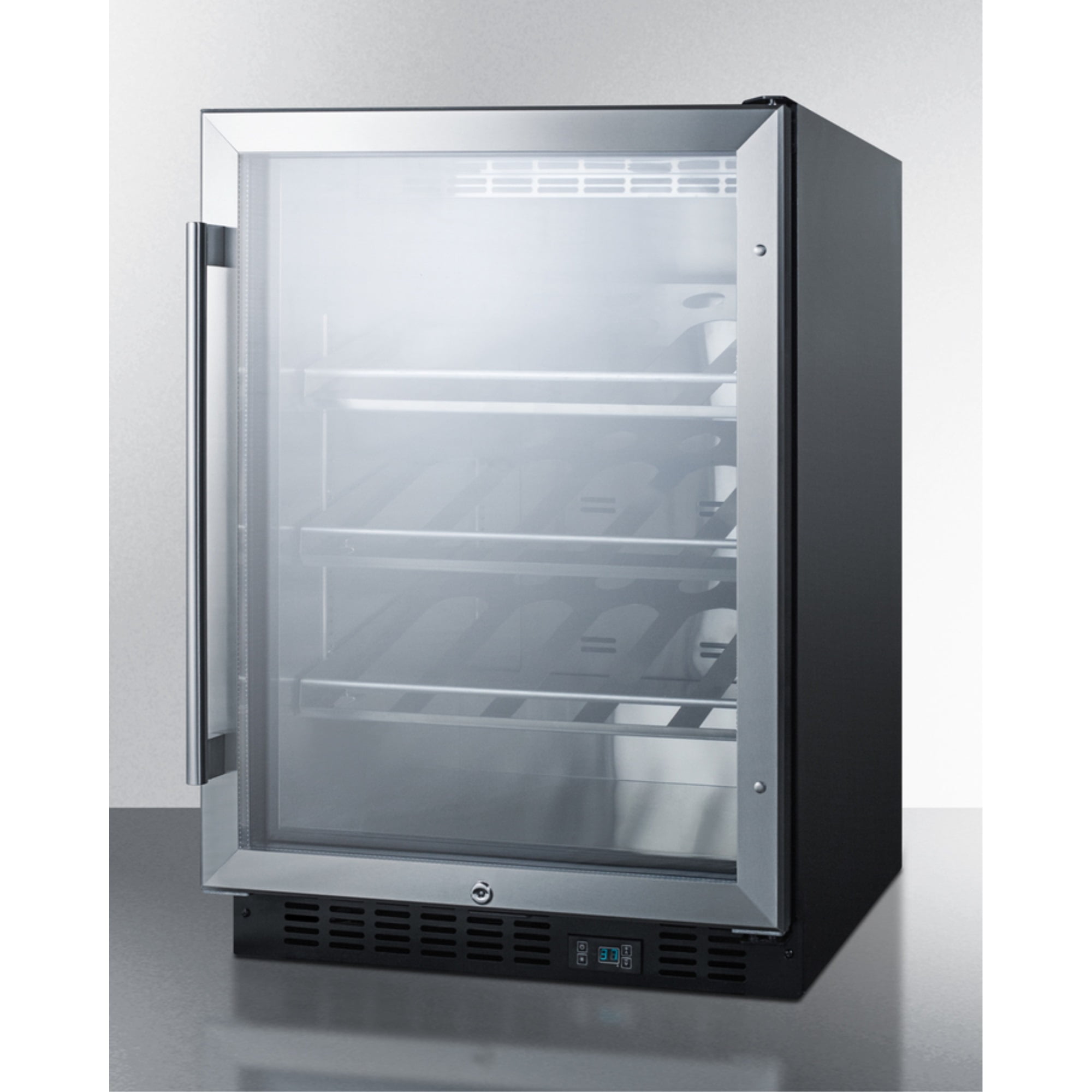 Commercial built-in undercounter wine cellar with champagne style shelving