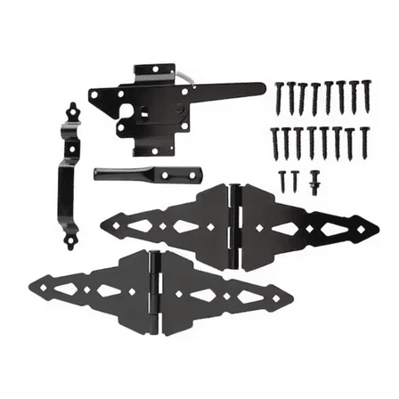 Hyper Tough Black Steel Post Latch Gate Kit with 8" Decorative Strap Hinges, Spring-Loaded Latch, Gate Pull Handle and Installation Hardware
