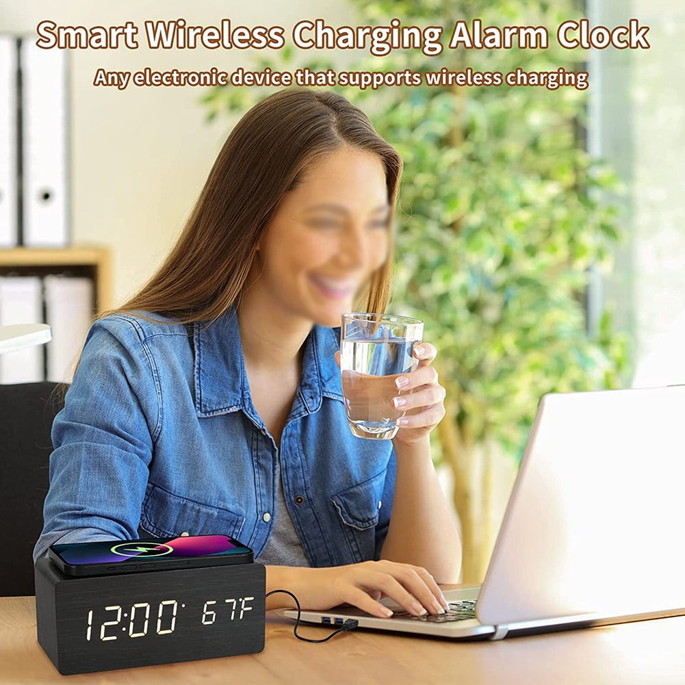 Wooden Digital Alarm Clock with Wireless Charging, Dimmable, Adjustable Volume, 3 Alarms, Weekday/Weekend Mode, Snooze, Digital Clock for Bedroom, Bedside, Office