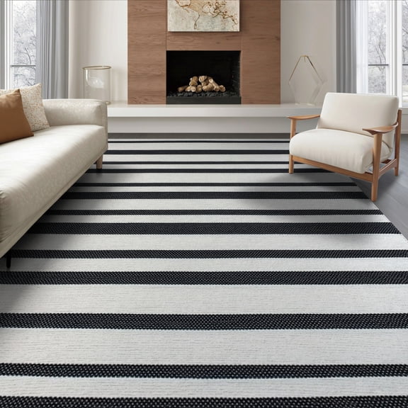 ODIKA 8'x10' Washable Area Rug Durable, Non-Slip Striped Layering Design Bold Bands Alternating Evenly Spaced Lines for Living Room, Under Sectional, Family