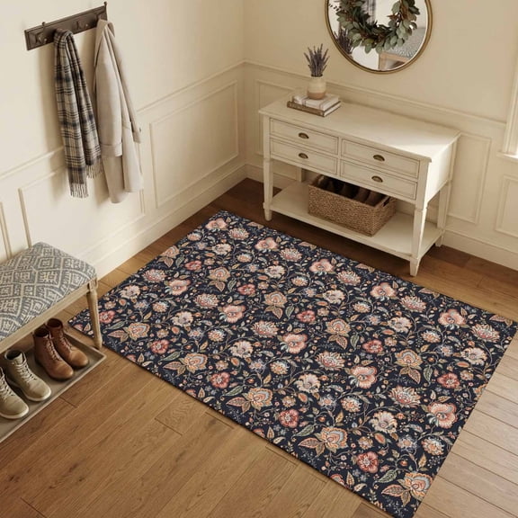 Area Rugs 3'x5', Paisley Botanical Carpet Runner Indoor Outdoor Rugs Home Decor Aesthetic, Vintage Blossom Foliage Black Non Slip Mats Washable Accent Rug for Living Room Bedroom