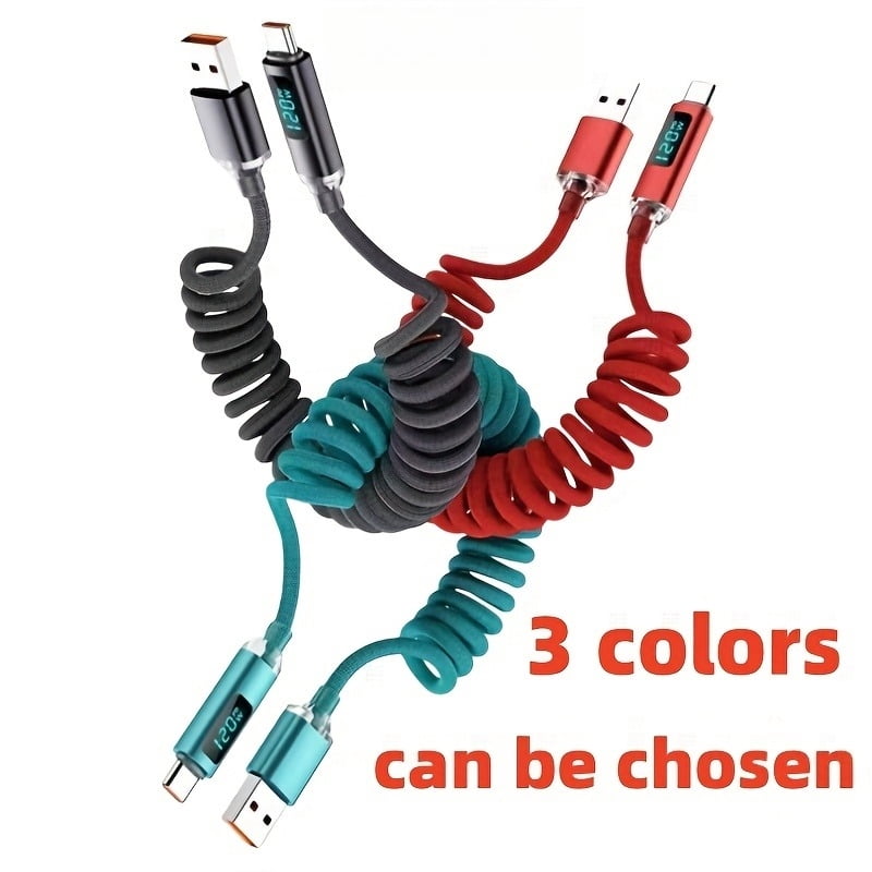 2pcs USB A to Type-C Super Fast Charging Data Cable | 3.3/6.6 Feet, Nylon Braided, Retractable, Compatible with Apple, Huawei, Samsung, Oppo, 50W Power Output, Tangle-free