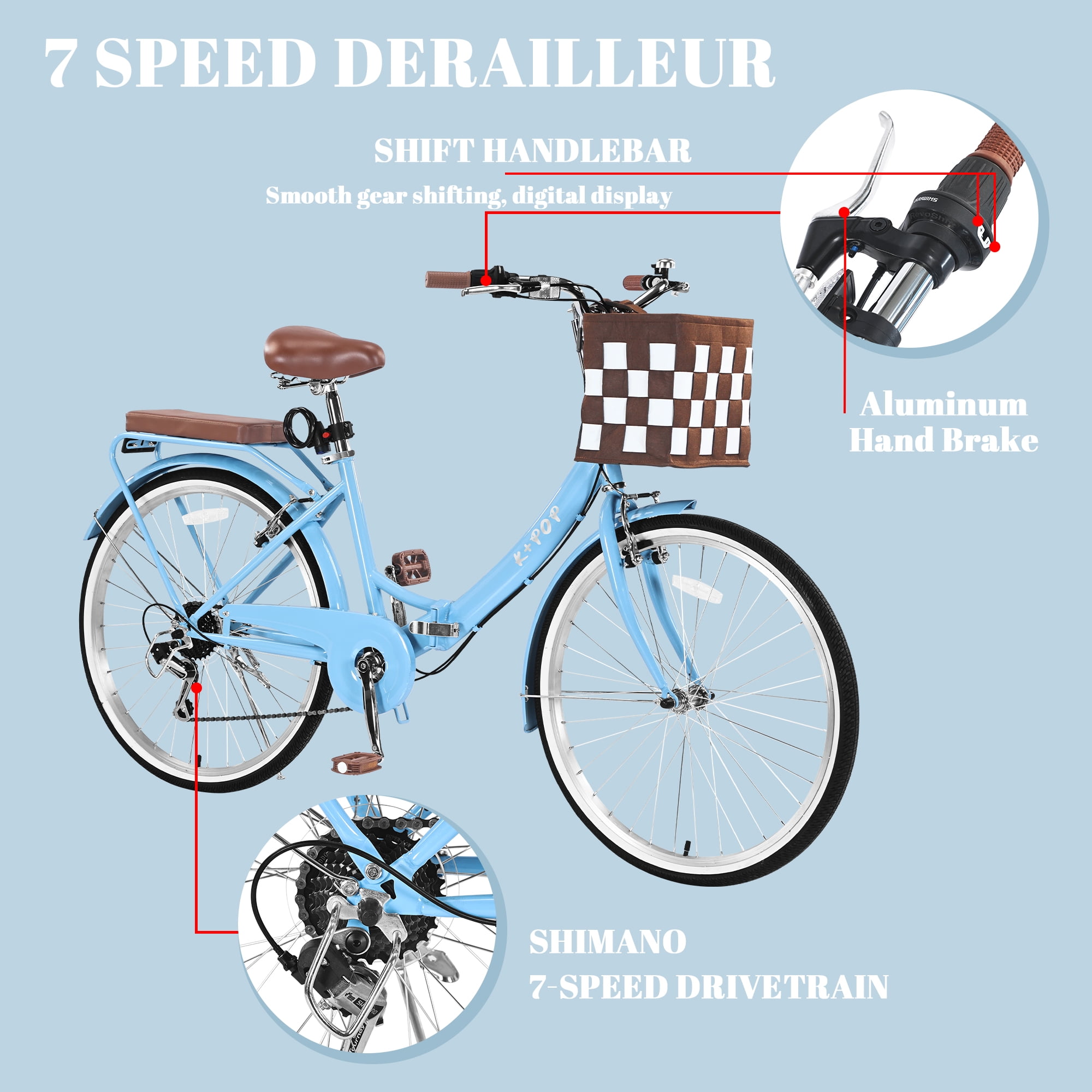 Folding Women Bicycle 26 Inch, 7 Speed Beach Cruiser Bike for Women, High Carbon Steel Frame Ladies Bicycle with Basket& Rear Rack, Commute Bike for Women Adults, Multiple Colors
