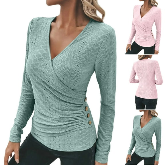 FRSASU Fall tight-fitting Tops for Women Long Sleeve Button Up Shirts Floral Tunics V Neck Pullover Blouse Pink