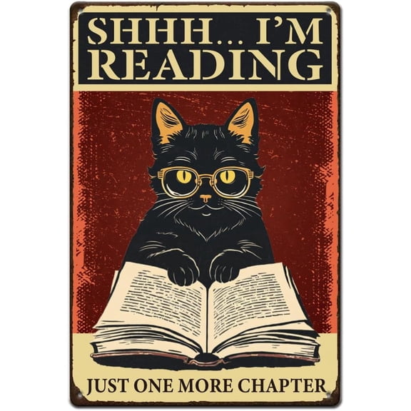 Iron Black Cat Tin Sign Cat Reading Signs Cats Metal Tin Signs Retro Reading Quotes Metal Wall Art Bar Sign Funny Wall Plaque for Bedroom Living Room Library Man Cave Decor Iron
