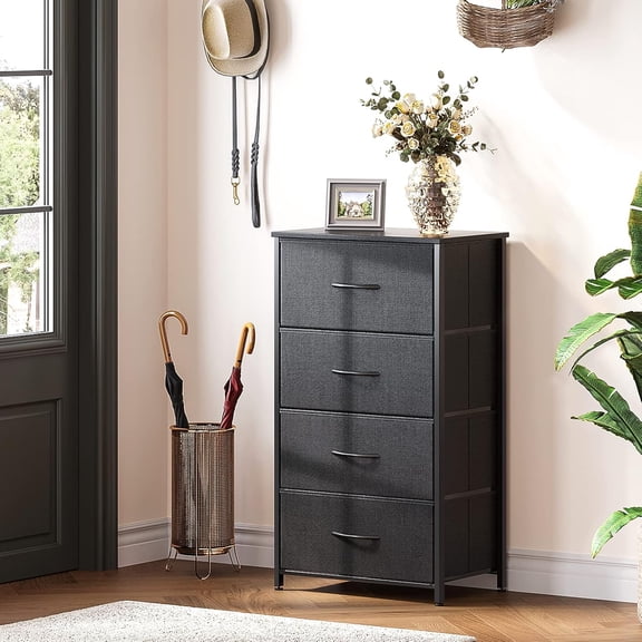Small Bedroom Dresser with 4 Storage Drawers, Fabric Chest with Steel Frame and Wood Top, Black