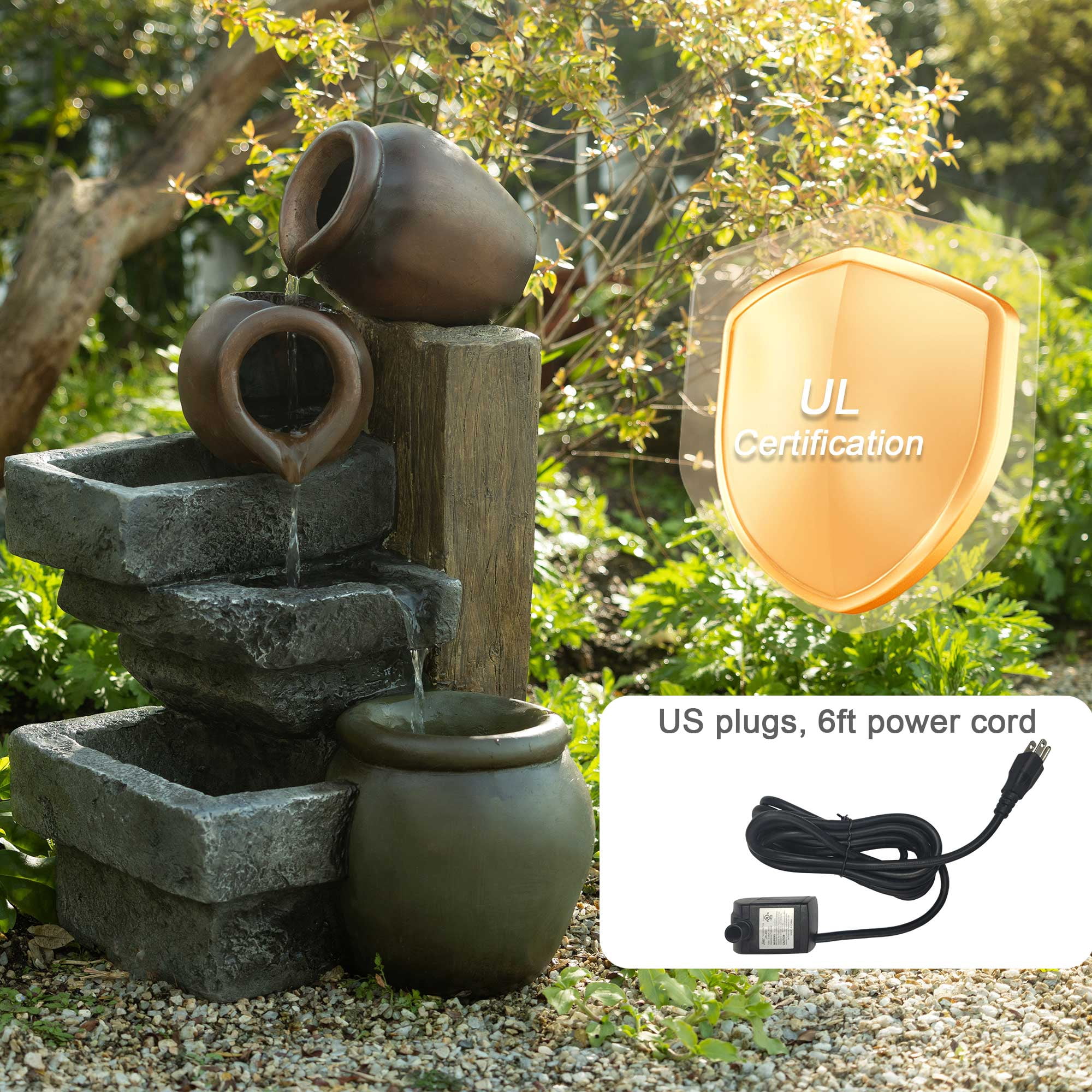 23.62" Outdoor Water Fountain, 4 Tiers Waterfall Fountain with Vintage Clay Pot Design, Indoor/Outdoor Floor Standing Water Feature for Garden, Patio