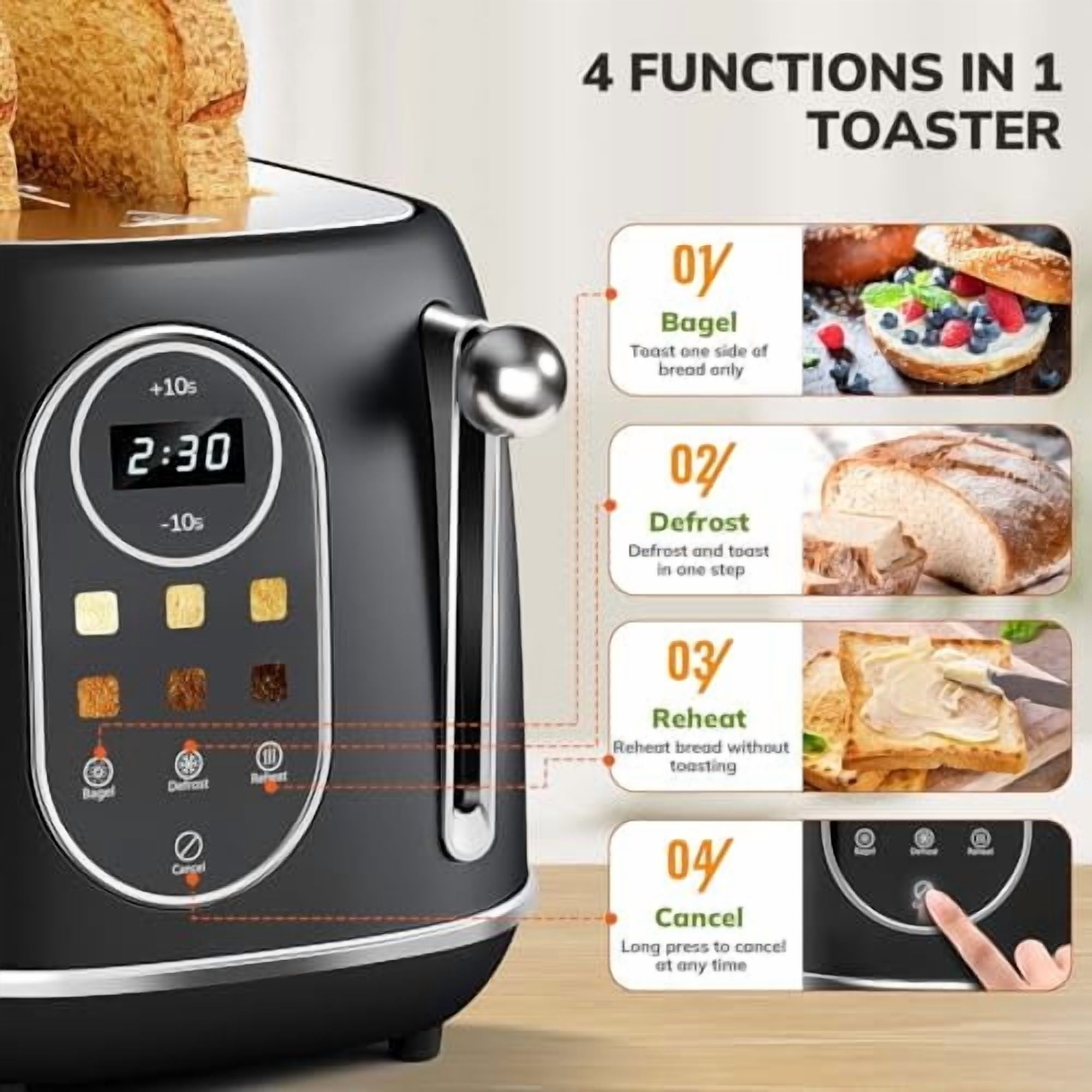 2 Slice Touchscreen Smart Toaster - Stainless Steel Toaster with Wide Slot, 6 Shade Settings, Bagel Function, Removable Crumb Tray - Black