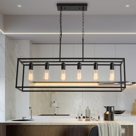 Product photo of Garwarm Black Farmhouse Kitchen Island Lighting Industrial Chandelier 6-Light Rectangular Pendant Light Fixtures For Dining Room Bar Foyer(Metal Height Adjustable) in New/Like New condition